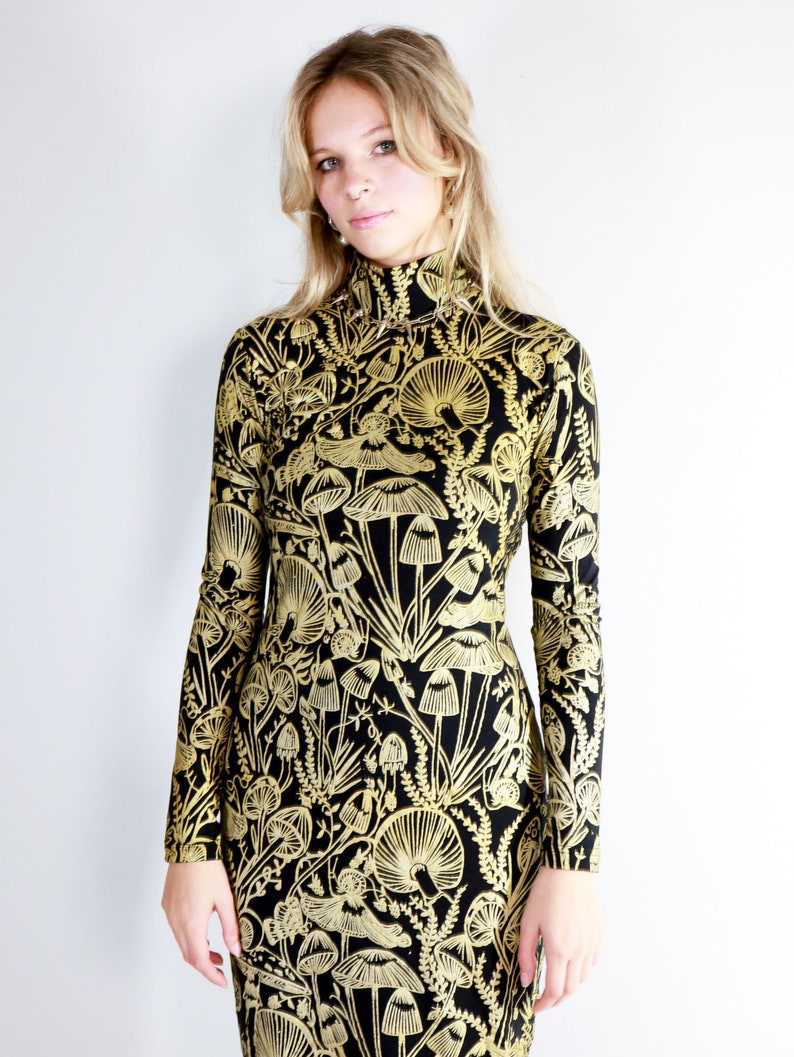 Gold on Black Shroomed Bandit Dress Knee length turtleneck dress Organic cotton bamboo Plus size Bodycon mushroom botanical print image 4