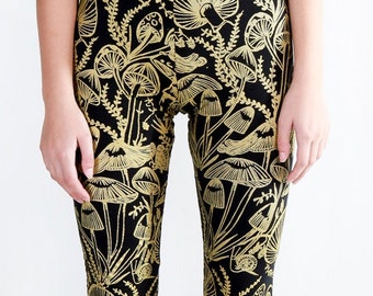 Gold on Black Shroomed Leggings - Organic cotton bamboo leggings - Hand printed plus size inclusive - Custom fit mushroom botanical print