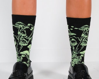 Chartreuse Shroom Socks - Whimsical fun black unisex cotton socks - Plush thick quality - Gift for him - Gift for her - mushroom snail print