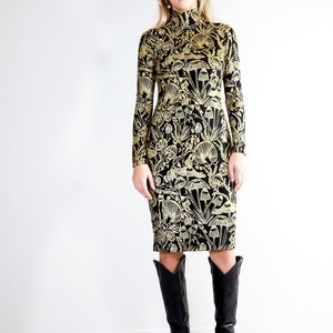 Gold on Black Shroomed Bandit Dress Knee length turtleneck dress Organic cotton bamboo Plus size Bodycon mushroom botanical print image 3