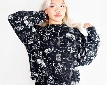 Cropped Spellbound Sweatshirt - Hand printed astrology sweater - French terry - Plus size long sleeve - Custom fit stars tarot witchy print