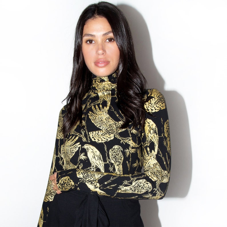 Handprinted Organic Cotton/Bamboo Turtleneck in shops Birds of Prey