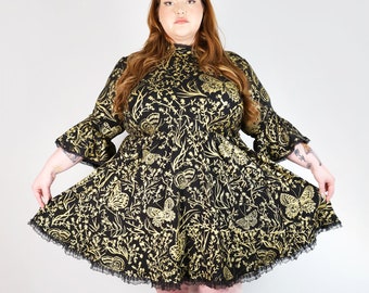 Gold on Black Moth Mini Kiki Dress - Mini length bell sleeve twirl dress - Botanical floral butterfly print - Plus size inclusive custom