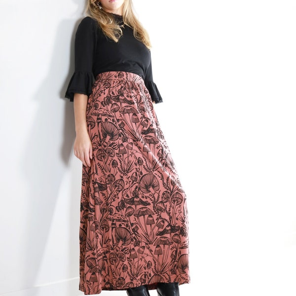 Mulberry Shroomed Maxi Skirt - Gathered maxi length - Organic cotton bamboo - Plus size inclusive - Custom fit mushroom botanical print