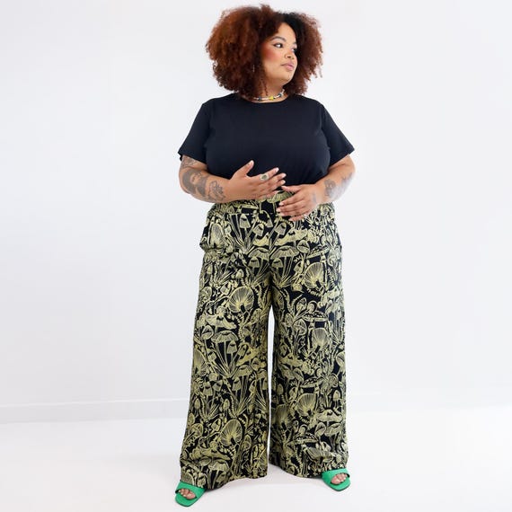 Gold on Black Shroomed High Waisted Wide Leg Pants Gold on Black Handmade Pocket Pants Organic Cotton Bamboo Plus Size Custom Fit Etsy Hong Kong