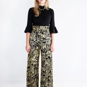 Gold on Black Shroomed High Waisted Wide Leg Pants Gold on black handmade pocket pants Organic cotton bamboo Plus size Custom fit image 2