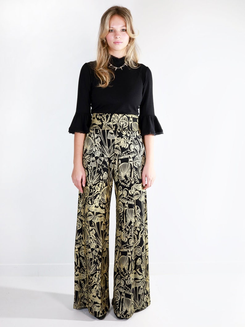 Gold on Black Shroomed High Waisted Wide Leg Pants Gold on black handmade pocket pants Organic cotton bamboo Plus size Custom fit image 2