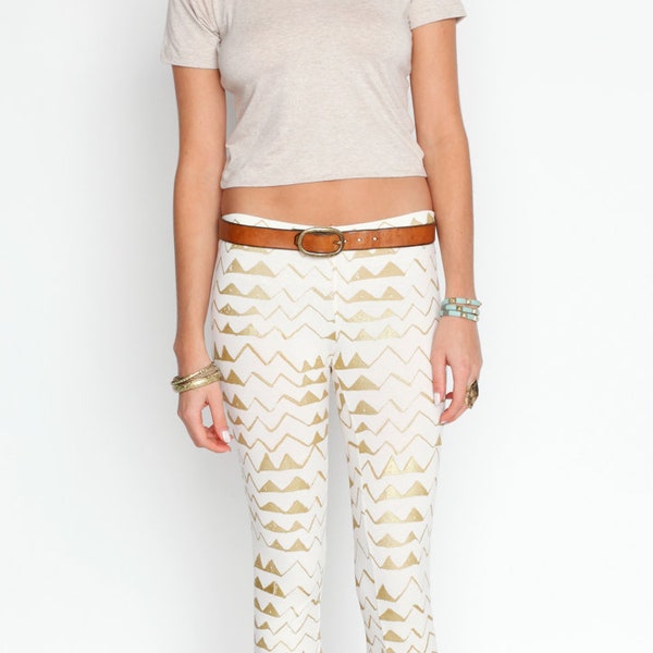 Hand Printed 'Mountain' Leggings in Gold on Creme