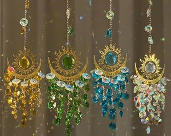 Crystal Moon Suncatcher with Chakra Stones & Rainbow Glass – Handmade Wind Chime, Boho Home Decor, Perfect Mother&#39;s Day Gift