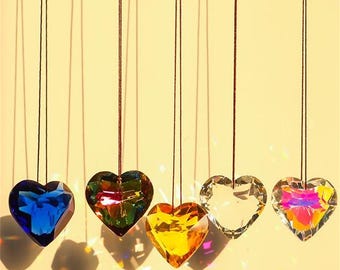 CRYSTAL SUNCATCHER Gold Heart Sun Catcher Dangling Faceted Heartshaped Rainbow Maker Window Crystal Ball, Small or Large, Clear or AB SC1000