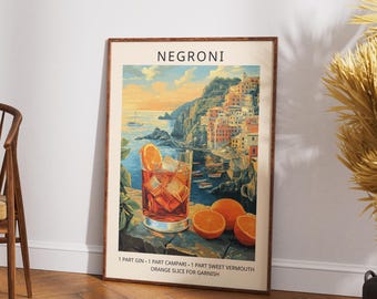 Koktajl Negroni, grafika: Vintage Italian Riviera Bar Cart Art