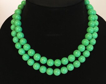 spring green necklace, round beads, two strand, adjustable clasp, easter necklace, made in hong kong