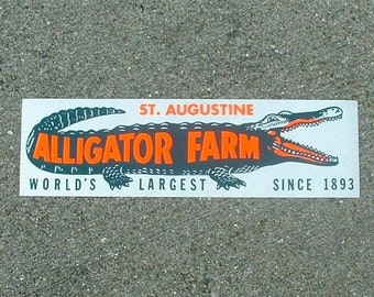 Saint Augustine Florida Alligator Farm vintage bumper sticker, gator, green, day glo orange, white, world's largest, 1893, roadside trip