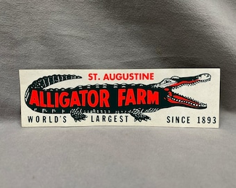 Saint Augustine Florida Alligator Farm vintage bumper sticker, gator, green, day glo orange, white, world's largest, 1893, roadside trip