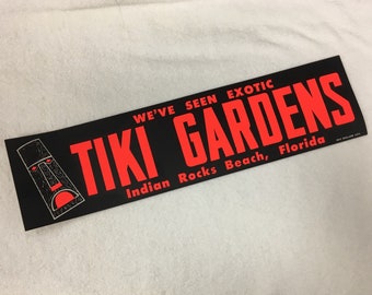 The original Tiki Gardens bumper sticker, vintage florida, indian rocks beach, new old stock, orange, black, day glow, exotic, polynesian