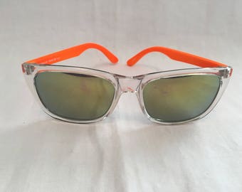 Hawaiian Tropic vintage sunglasses, eighties, shades, mirror lenses, eyewear, clear frames, neon orange sides, china, model 1206, wayfarer
