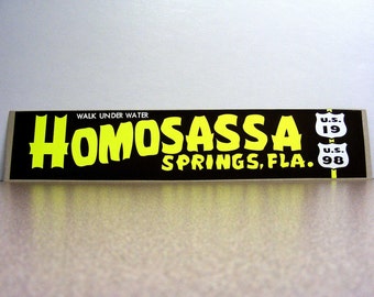 Homosassa Springs Florida bumper sticker brown day glo yellow white neon car vintage automobile, road trip sign, highway us 19 fish bowl