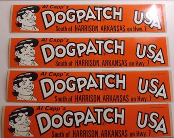 Dogpatch USA vintage bumper sticker, harrison, Arkansas, Ozark Mountains, comic, 1968, Al Capp, Li'l Abner, orance, black,white, jasper