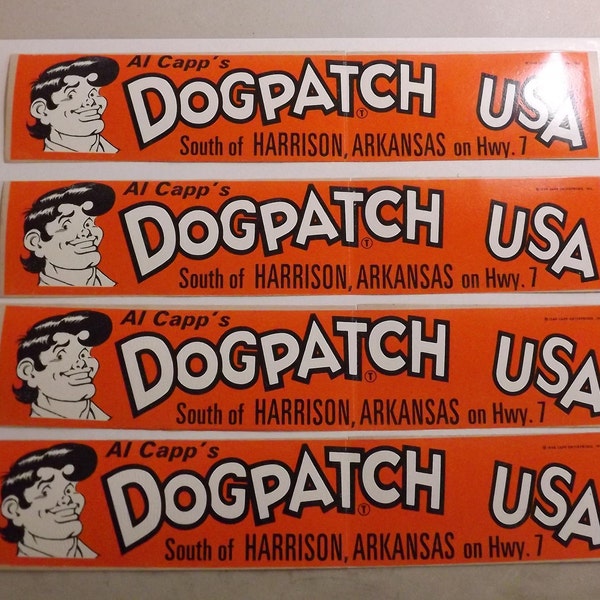 Dogpatch USA vintage bumper sticker, harrison, Arkansas, Ozark Mountains, comic, 1968, Al Capp, Li'l Abner, orance, black,white, jasper