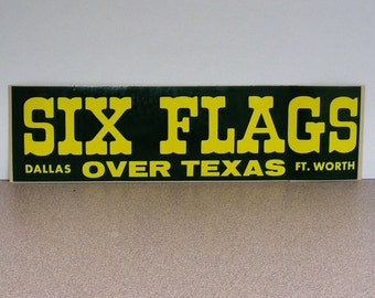 Six Flags Over Texas Vintage Bumper Sticker, dark green, evergreen, yellow, amusement park, roller coaster, rides, theme park, road trip