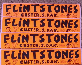 Flintstones vintage bumper sticker cave man stone age family bedrock custer south dakota, barney rubble, fred, wilma, betty, pebbles, bambam