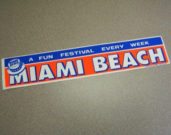 Miami Beach Florida vintage bumper sticker red white blue stars straw hat summer fun car sticker