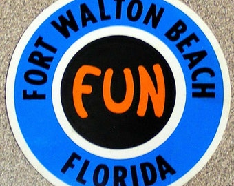 Fort Walton Beach Florida fun vintage sticker round blue orange white black