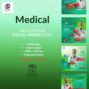 May include: A green and white social media post template for healthcare businesses. The template features a doctor, a heart, and the text "Discover True Wellness. Invest in Your Health Today."  "Take care of your body. It's the only place you have to live."  "24/7"  "The first wealth is health."  "Your Health. Medical Services."