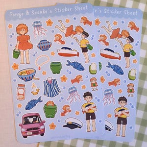 Hoja de pegatinas de Ponyo y Sosuke - Hoja de pegatinas / pegatinas para planificador, pegatinas para diario, pegatinas lindas, pegatinas de verano, pegatinas de Ponyo