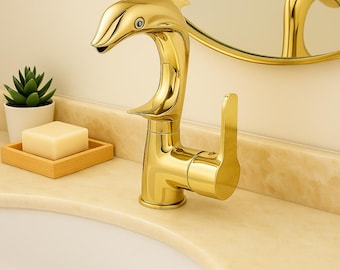 Gold Dolphin Faucet, Hot and Cold Faucet, Gold Bath Faucet