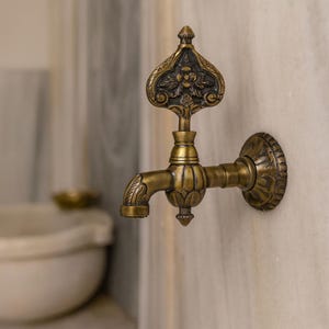 Peut inclure: Robinet en laiton orné avec un motif floral décoratif. Le robinet est monté sur un mur en marbre et présente une esthétique vintage détaillée. Le bec a un design incurvé avec des accents de feuilles.