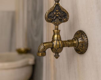 Brass Water Taps, Outdoor Faucet Decor, Antique Gold Wall Tap, Flower Pattern Faucet