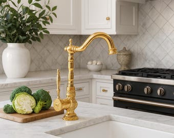 Gold Kitchen Faucet, Single Hole Faucet, Brass Kitchen Faucet, Patterned Kitchen Tap