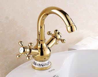 Shiny Solid Brass Faucet, Gold Hot and Cold Faucet, Victorian Sink Faucet