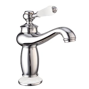 May include: A polished chrome faucet with a curved spout and a white ceramic handle. The faucet has a classic design with a round base and a decorative body, suitable for a bathroom or kitchen.