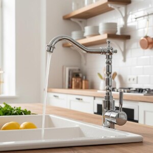 Puede incluir: Un grifo de cocina de cromo pulido con caño de arco alto y una palanca lateral única, que dispensa un flujo constante de agua en un fregadero blanco de doble cubeta que contiene tres limones amarillos y un pequeño montón de hierbas verdes.