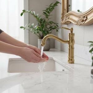May include: A gold-coloured tap with a curved spout has water flowing into a white sink. The tap has a decorative handle and base. A person's hands are cupped under the running water. A decorative mirror is in the background.