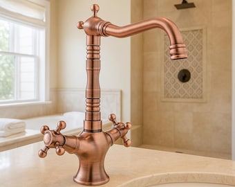 Copper Colored Brass Faucet, Bathroom Solid Brass Tap, Sink Faucet, Double Handle Faucet