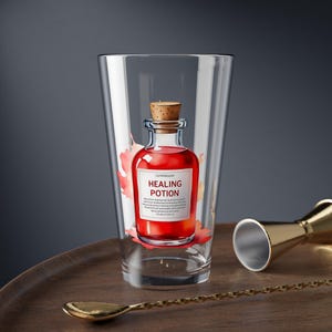 Healing Potion Drinking Glass, DnD Inspired Cup, Custom Fantasy Accessory Glassware, Gamer Gift, Geek Decor, RPG 16oz Mixing Glass