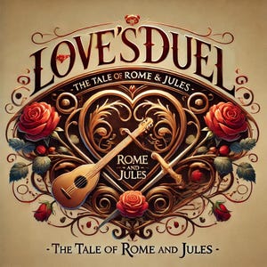 Może przedstawiać: Ilustracja w stylu vintage przedstawiająca serce z lutnią i mieczem skrzyżowanymi w środku. Tekst "LOVE'S DUEL - THE TALE OF ROME & JULES -" jest napisany ozdobnym fontem.