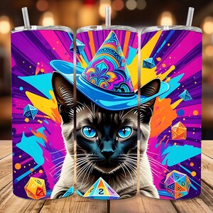 May include: A colorful stainless steel tumbler with a black cat wearing a blue and purple wizard hat. The background is a vibrant mix of purple, yellow, and blue with dice scattered around the cat.