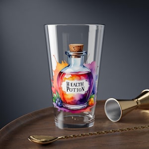 Health Potion Drinking Glass, DnD Inspired Cup, Custom Fantasy Accessory Glassware, Gamer Gift, Geek Decor, RPG 16oz Mixing Glass