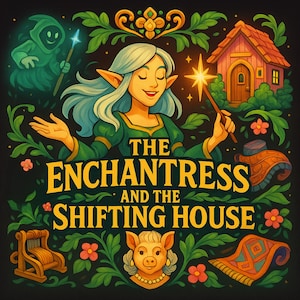Könnte beinhalten: Farbenfrohe Illustration mit dem Text "The Enchantress and the Shifting House". Sie zeigt eine elfenähnliche Frau, ein kleines Haus, eine grüne Kapuzenfigur und verschiedene dekorative florale Elemente vor dunklem Hintergrund.