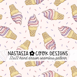 Puede incluir: Un patrón sin costuras dibujado a mano con conos de helado con helado suave rosa, morado y blanco sobre un fondo rosa claro con chispas. También se ve el texto "NASTASIA COOK DESIGNS" y "12x12 hand drawn seamless pattern".