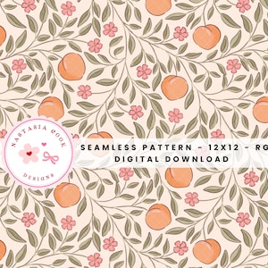 Peach trailing floral seamless repeating pattern, peaches seamless file, green orange floral instant digital download for commercial use