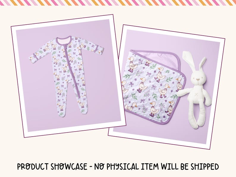 The image is a product showcase featuring a baby onesie with a bunny pattern and a bib with a bunny pattern, both displayed against a purple background.