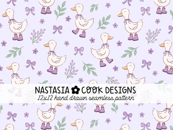 Coquette goose spring seamless file, purple silly goose seamless pattern, bows and flowers goose on the loose seamless file commercial use