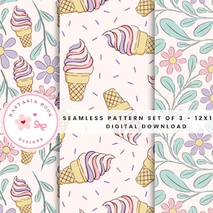 Summer pastel seamless repeating pattern set of 3, ice cream floral seamless pattern file, instant digital download for commercial use