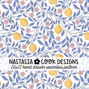 May include: A seamless pattern featuring yellow lemons, pink flowers, and blue leaves on a cream background. The design includes the text "NASTASIA COOK DESIGNS" and "12x12 hand drawn seamless pattern".