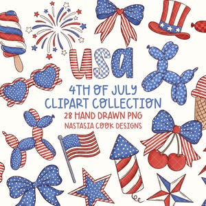 4th of July clipart set, patriotic red white and blue digital elements, American bows balloon dogs cherries flag popsicles fireworks